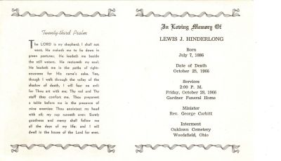 Lewis H. Hinderlong Memorial

This was Donated by Arlo Turner

Funeral Program for Lewis H. Hinderlong
