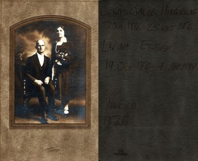 Lewis Jacob Hinderlong & Lavina Egger Hinderlong

This was Donated by Arlo Turner

This photo states: "Lewis Jacob Hinderlong, 7 July 1886 - 25 October 1966. Lavina Egger, 19 October 1890 - 9 March 1984. Married 1926"

The Photographers name is "Baker" Barnesville
