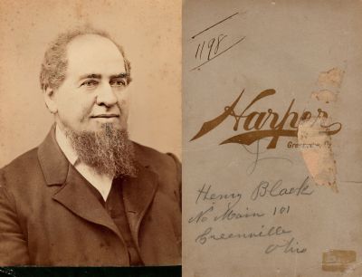 Henry Black

THIS HAS BEEN RETURNED TO FAMILY

This Cabinet Card Photo States: "Henry Black, No. Main 101, Greenville, Ohio"

The Photographers name is "Harper", Greenville, Ohio.
