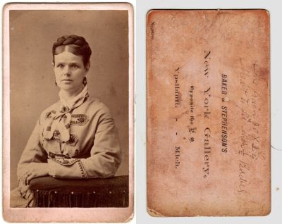 Eliza J. Fuller Wilbur

This CdV Photograph states: "Eliza J. Wilbur".

(It also has some framing notes for the photographer)

The Photographers name is "Baker & Stephen's New York Gallery", Ypsilanti, Michigan

