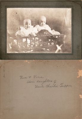 Veva Joyce Tupper & Vera June Tupper

THIS HAS BEEN RETURNED TO FAMILY

This was Donated by by Cheryl Webber/The Terry Girls Genealogy.

This photo mounted on board states: "For William. Veva & Vera Twin daughters of Uncle Charlie Tupper"

I cannot decipher the photographer.
