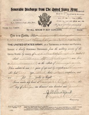 William K. Snyder

This was Donated by Cheryl Webber/The Terry Girls Genealogy.

World War I U. S. Army Discharge Papers for William K. Snyder of Hendersonville, Pennsylvania.

Discharged 11 July 1919 at Camp Lee, Virginia. Serviced in France 2 October 1918 to 15 June 1919
