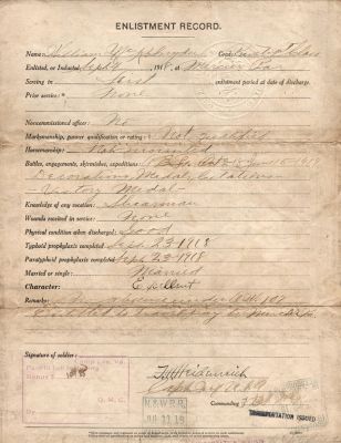 Click to view full size image
==============
William K. Snyder
This was Donated by Cheryl Webber/The Terry Girls Genealogy.
World War I U. S. Army Discharge Papers for William K. Snyder of Hendersonville, Pennsylvania.
Discharged 11 July 1919 at Camp Lee, Virginia. Serviced in France 2 October 1918 to 15 June 1919
William K. Snyder
This was Donated by Cheryl Webber/The Terry Girls Genealogy.
World War I U. S. Army Discharge Papers for William K. Snyder of Hendersonville, Pennsylvania.
Discharged 11 July 1919 at Camp Lee, Virginia. Serviced in France 2 October 1918 to 15 June 1919