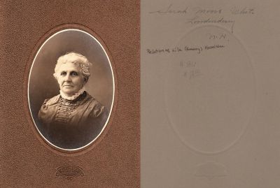 Sarah A. Moore White

THIS HAS BEEN RETURNED TO FAMILY

This Cabinet Card Photo was Donated by Karen Kleinberg.

This Cabinet Card Photo States: "Sarah Moore White", Londonderry, New Hampshire.
