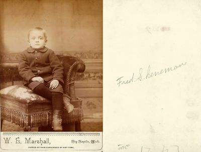 Fred Earl Sheneman

THIS HAS BEEN RETURNED TO FAMILY

This Cabinet Card Photo States: "Fred Sheneman"

The Photographers name is "W. E. Marshall", Big Rapids, Michigan.
