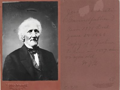 Jeremiah Dustin Gustin

THIS HAS BEEN RETURNED TO FAMILY

This was Donated to Family Treasures Found.

This Cabinet Card Photo states: "Jeremiah Gustin, born 1771, died 28 June 1863. Copy of a picture taken in 1859 when 88 years old. W. J. G." Portrait made at the Mckee Studio in Anderson, Indiana.

Note: The W. J. G. stands for William James Gustin (son of Amos , and grandson of Jeremiah (above).

The Photographers name is "McKee", Anderson, Indiana
