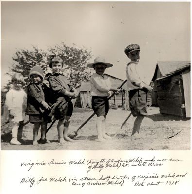 Virginia Louise Welch, Billy Joe Welch & Unidentified

This photo states: "Virginia Louise Welch (daughter of Andrew Welch who was son of Billy Welch) in white dress. Billy Joe Welch (in straw hat) brother of Virginia Welch & son of Andrew Welch), Date about 1918"
