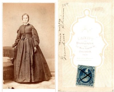 Maria Miller Shinn

THIS HAS BEEN RETURNED TO FAMILY

This was Donated by Cheryl Webber/The Terry Girls Genealogy.

This CdV Photograph states: "Maria Miller, Grandma Shinn"

The Photographers name is "Landy Photographer", Cincinnati, Ohio
