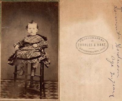 Dumont S. Anderson

This was Donated by Cheryl Webber/The Terry Girls Genealogy.

This CdV Photograph states: "Dumont Anderson, age 2 years"

The Photographers name is "Charles & Hart", Knightstown, Indiana

