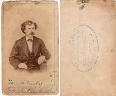 Frank Wheeland

This was Donated by Cheryl Webber/The Terry Girls Genealogy.

This CdV Photograph states: "Yours Truly, Frank Wheeland"

The Photographers name is "T. J. Trapp", Williamsport, Pennsylvania
