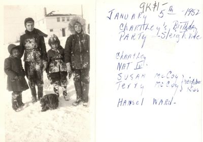 Chartley, Nat IV., Susan McCoy, Terry McCoy & Hansel Ward

THIS HAS BEEN RETURNED TO FAMILY

This was Donated by Susan Poole

This photo states: "5 January 1952, Chartley's Birthday Party--Sleigh Ride. Chartley, Nat IV., Susan McCoy, Terry McCoy (neighbor kids), Hansel Ward"
