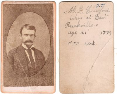 M. L. Crawford

This was Donated by by Cheryl Webber/The Terry Girls Genealogy.

This CdV Photograph states: "M. L. Crawford, taken at East Ruskville, Ohio, age 21, 1879"
