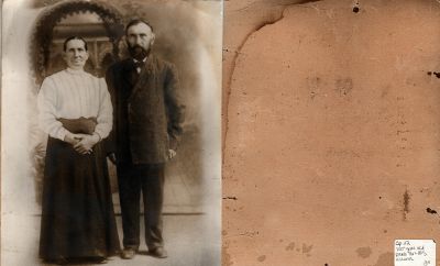 Mr. & Mrs. Wesner

This large photo mounted on board states: "Sp. 22, 100+ years old, photo of Mr. & Mrs. Wesner"

NOTE: There appears to be very very faint writing on the back of the photo mounted on board. However; I was unable to read it.
