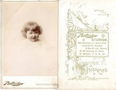 Ruth Virginia Buckley

THIS HAS BEEN RETURNED TO FAMILY

This was Donated by by Cheryl Webber/The Terry Girls Genealogy.

This Cabinet Card Photo States: "Ruth Virginia Buckley, at 14 months"

Photo taken in 1891

The Photographers name is "Partridge Studios". Locations in Boston, Brookline, Roxbury & Allston.
