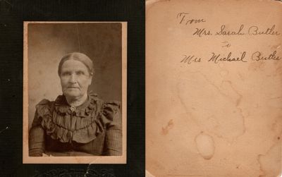 Sarah Butler

This photo mounted on board states: "From Sarah Butler to Mrs. Michael Butler"

The Photographer was in Champaign, Illinois
