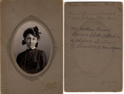 Mayme Setter Perkins

This was Donated by by Cheryl Webber/The Terry Girls Genealogy.

This photo mounted on board was sent to Vedia Parson Best as a Christmas present.

The back states: "Vedia Parson Best. This is a Xmas present. "Better late than never"

"My mothers cousin, Mamie (Setter) Perkins"

See back for further description
