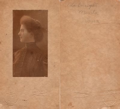 Ada Eva Enright

THIS HAS BEEN RETURNED TO FAMILY

This was Donated by Carolyn F. Hall.

This photo mounted on board states: "Ada Enright, Menlo, Iowa

The Photographers name is "Townsend's", Iowa City, Iowa
