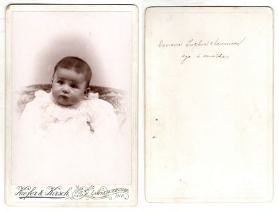 Geneva Sophia Adamson

This was Donated by Carolyn F. Hall

This Cabinet Card Photo states: "Geneva Sophia Adamson, age 6 months old"

The Photographers name is "Kiefer & Kirsch", Lawrenceburg, Indiana

