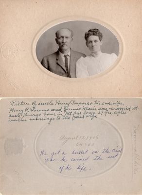 Henry B. Parsons & Jennie Maui? Parsons

This photo mounted on board states: "Picture of Uncle Henry Parsons & his 2nd wife. Henry B. Parsons and Jennie Maui? was married at Uncle Henry's home in Mt. Ayr, Iowa 27 years after Uncles marriage to his first wife, 18 August 1906, 64 & 54. He got a bullet in the Civil War he carried the rest of his life"

The Photographers name is "Hayes & _____?", Mt. Ayr, Iowa
