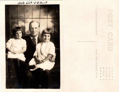 Dick Benjamin Quick & Unidentified

THIS HAS BEEN RETURNED TO FAMILY

This was Donated by Cheryl Webber/The Terry Girls Genealogy.

This Real Photo Postcard (RPPC) states: "Uncle Dick, D. B. Quick"
