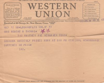 Click to view full size image
==============
Mrs. Robert M. Thomas
THIS HAS BEEN RETURNED TO FAMILY
Telegram Sent to Mrs. Robert M. Thomas
Mrs. Robert M. Thomas
THIS HAS BEEN RETURNED TO FAMILY
Telegram Sent to Mrs. Robert M. Thomas