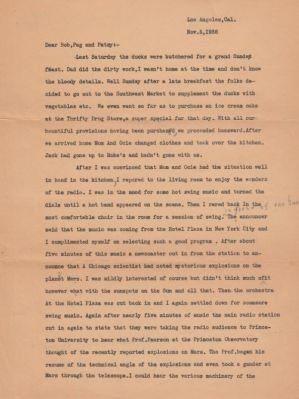 Mrs. Robert M. Thomas
THIS HAS BEEN RETURNED TO FAMILY

This letter was sent to Mrs. Robert M. Thomas.

It was Signed by "Flash Gordon", Edward.

It is Dated 5 November 1938. Los Angeles.
Page 1 of 4
