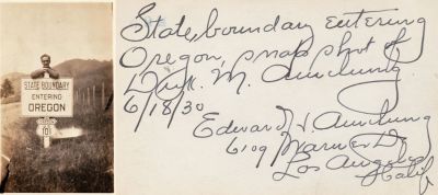 Dick M. Amelung
THIS HAS BEEN RETURNED TO FAMILY

This Photo states: "State boundary entering Oregon. Snap Shot of Dick M. Amelung 18 June 1930.

To See more of the description See the Back.
