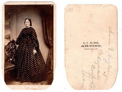 Annie E. Anglemyer

This was Donated by Cheryl Webber/The Terry Girls Genealogy.

This CdV Photograph states: "Annie E. Anglemyer, Doylestown, Bucks, Pennsylvania

The Photographers name is "S. F. DuBois", Doylestown, Pennsylvania
