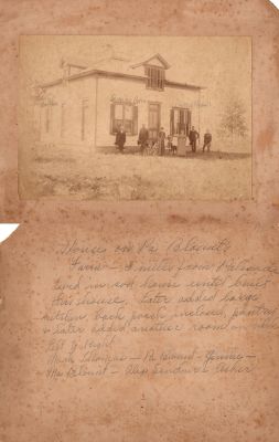 Click to view full size image
==============
Asher Blount Farm
This photo mounted on board states: "House on Pa Blounts Farm---3 miles from Palisade. Lived in sod house until built this house. Later added large kitchen, back yard porch inclosed, pantry & later added another room on back.
Left to Right: "Mark Thomas, Pa Blount, Jennie, Ma Blount, Alex Sinclair & Asher"
 Asher Blount Farm
This photo mounted on board states: "House on Pa Blounts Farm---3 miles from Palisade. Lived in sod house until built this house. Later added large kitchen, back yard porch inclosed, pantry & later added another room on back.
Left to Right: "Mark Thomas, Pa Blount, Jennie, Ma Blount, Alex Sinclair & Asher"