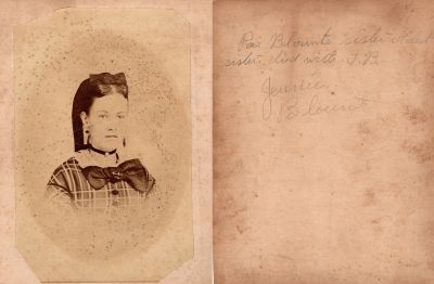 Jennie Blount

THIS HAS BEEN RETURNED TO FAMILY

This photo mounted on board states: "Pa Blounts sister (Oldest sister). Died with T. B., Jennie Blount"

