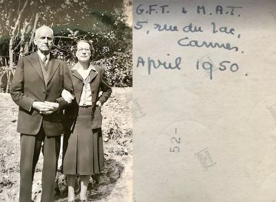 George Frederick Tendall & Maisey A. Mackey Tendall

THIS HAS BEEN RETURNED TO FAMILY

This Photo States: "G. F. T. & M. A. T., But they lived at 5, Rue du Lac (Lake Street) Cannes, France. April 1950.

This is a photo of George Frederick Tendall & his second wife, Maisey A. Mackay Tendall.

Transcribed by Tenna Weber Olsson

