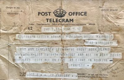 Telegram

THIS HAS BEEN RETURNED TO FAMILY

Telegram: Athames Manswood House Near Winbourne. Lost Everything. House and All. City on Fire.
