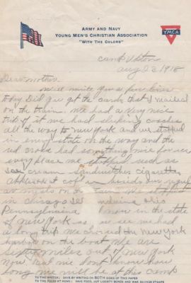 Pvt. John Kevin McDonald

THIS HAS BEEN RETURNED TO FAMILY

This letter was address to John Kevin McDonald's Mother, Mary. It was written by John Kevin McDonald while at Camp. The letter is dated 23 August 1918.
