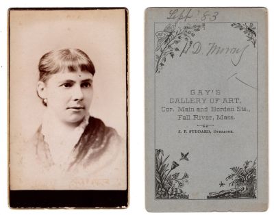 Hannah D. Mowry

This CdV Photograph states: "H. D. Mowry"

The Photographers name is "Gay's Gallery of Art", Fall River, Massachusetts
