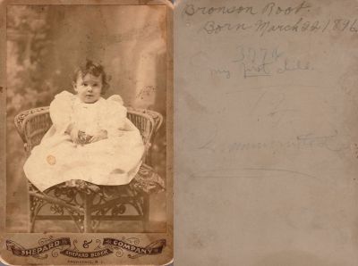 Manly Bronson Root

THIS HAS BEEN RETURNED TO FAMILY

This Cabinet Card Photo States: "Bronson Root", Born 22 March 1896. My First Child.

The Photographers name is "Shepard Company", Providence, Rhode Island.
