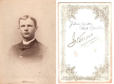 John Henry Conde

THIS HAS BEEN DONATED TO THE CHARLTON, NEW YORK HISTORICAL SOCIETY

This Cabinet Card Photo states: "My Uncle, John Conde, West Charlton"

The Photographers name is "Sterry & Co.", Albany, New York
