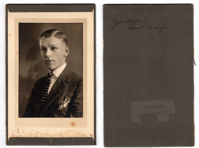 Joe Hayes

This was Donated by Cheryl Webber/The Terry Girls Genealogy.

This photo states: "Joe Hayes, about 22 years old"

The Photographers name is "Kemp Studio", Long Beach, California
