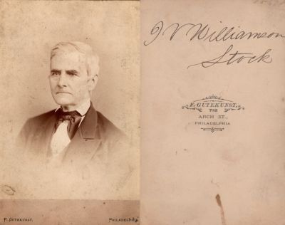 Isaiah Vansant "I.V." Williamson

THIS WAS DONATED TO THE WILLIAMSON COLLEGE OF THE TRADES

This Cabinet Card Photo states: "I.V. Williamson, Stock"

The Photographers name is "F. Gutekunst", Philadelphia, Pennsylvania
