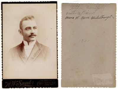 Click to view full size image
==============
Luther Calvin Manifold
This Cabinet Card Photo states: "Luther Manifold, mother's friend, Mana R. Cresse Heidelbaugh's"
The Photographers name is "H. W. Snyder", Philadelphia, Pennsylvania
Luther Calvin Manifold
This Cabinet Card Photo states: "Luther Manifold, mother's friend, Mana R. Cresse Heidelbaugh's"
The Photographers name is "H. W. Snyder", Philadelphia, Pennsylvania