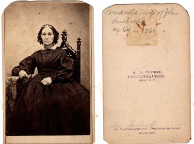 Amanda Bushnell

This CdV Photograph states: "Amanda, wife of John Bushnell, age 64 in 1860"

The Photographers name is "M. N. Crocker", Perry, New York.
