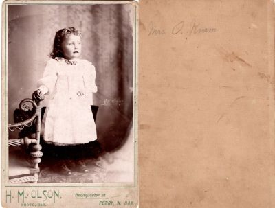 Mrs. O. Kram

This Cabinet Card Photo states: "Mrs. O. Kram"

The Photographers name is "H. M. Olson", Perry, North Dakota
