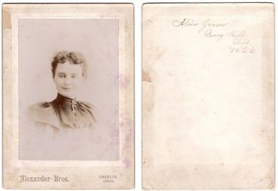 Alice Faith Jones

This photo mounted on board states: "Alice Jones, Burg. Hill, Ohio, '94 O.C."

The Photographers name is "Alexander Bros.", Oberlin, Ohio
