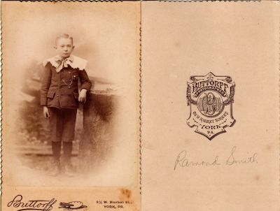 Ramond Smith

This Cabinet Card Photo States: "Ramond Smith"

The Photographers name is "Buttorff", York, Pennsylvania.

