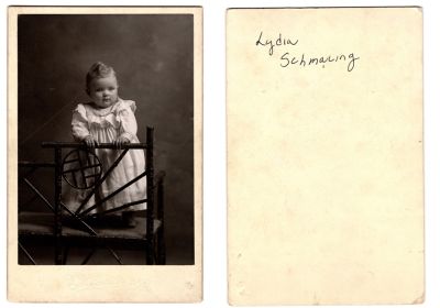 Lydia Emma Duesterbeck

THIS HAS BEEN RETURNED TO FAMILY

This was Donated by DFW.

This Cabinet Card Photo states: "Lydia Schmaling"

NOTE: Writing on Cabinet Card is of new ink using their married name. We believe this is for Lydia Emma Duesterbeck Schmaling. 

The Photographers name is "C. W. Docter", Mayville, Wisconsin
