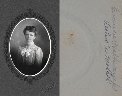 Emma Sophia Holtkamp

THIS HAS BEEN RETURNED TO FAMILY

This photo mounted on board states: "Emma Holtkamp, Verlin's mother"

The Photographers name is "F. W. Greber", New Bremen, Ohio.
