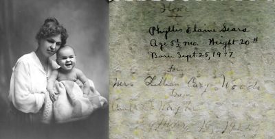 Ilone G. Gallimore Sears & Phyllis Elaine Sears

THIS HAS BEEN RETURNED TO FAMILY

This Photo is Identified as "Ilone G. (Gallimore) Sears & Phyllis Elaine Sears."

The Reverse side of this Photo States: "Ilone? Phyllis Elaine Sears. Age 5 1/2 months, weight 20#. Born 25 September 1917. For Mrs. Lillian Carey Woods, From Aunt ___? Waylon? 18 March 1925."

The Photographers name is "Lanby?", Xenia, Ohio.

