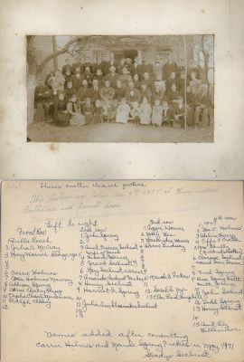 First Sechrist Family Reunion, 1895

THIS HAS BEEN RETURNED TO FAMILY

This photo mounted on board is of the First Sechrist Family Reunion, 7 November 1895. See back of photo mounted on board for names.
