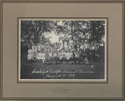 The Sechrist 12th Annual Family Reunion

THIS HAS BEEN RETURNED TO FAMILY

This photo mounted on board states: "The Sechrist 12th Annual Family Reunion, 31 August 1918"
