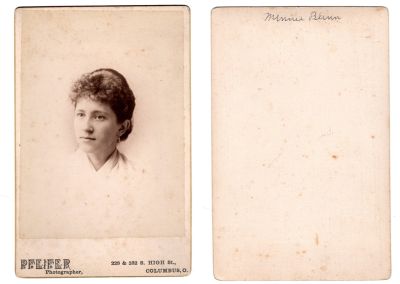 Minnie Blinn

This Cabinet Card Photo states: "Minnie Blinn"

The Photographers name is "Pfeifer", Columbus, Ohio
