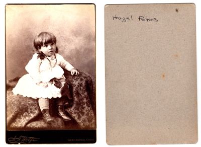 Hazel Peters

This was Donated by Denise Ayers

This Cabinet Card Photo states: "Hazel Peters"

The Photographers name is "Wolfe", Lancaster, Ohio
